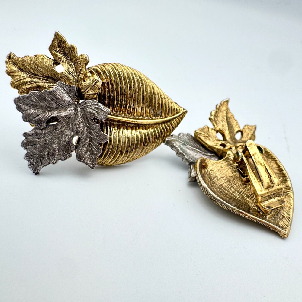 1980s Two Tone Gold Silver Botanical Leaf Clip On Statement Earrings 2in 37g VTG